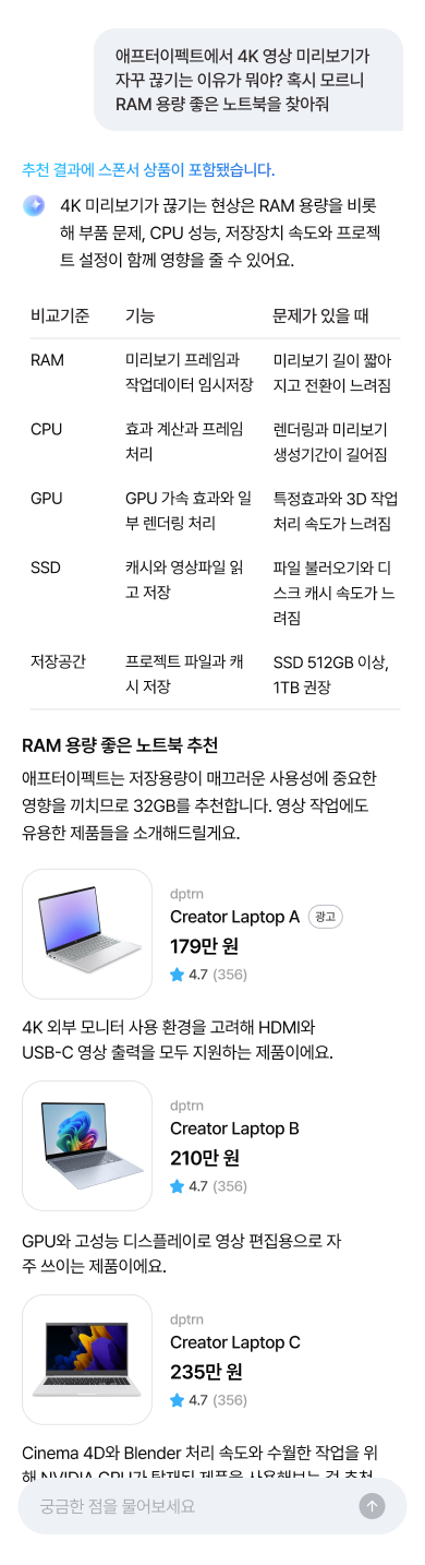 정보탐색 · 요약 환경 · Don’t: 최초 고지가 표시가 광고주의 이해관계가 반영된 정보와 AI의 독립적인 생성답변을 명확히 구분하지 않으면 정보답변에 대한 불신이 생길 수 있습니다.